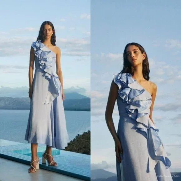 Aje  Adelia One-Shoulder Ruffled Dupioni-Trimmed Linen-Blend Midi Dress - Picture 2 of 9